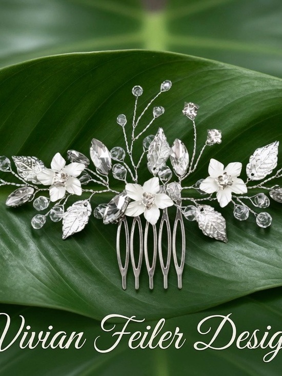 Vine Bridal Hair Comb Floral Tiara White Flowers Crystals Wedding Hair Piece